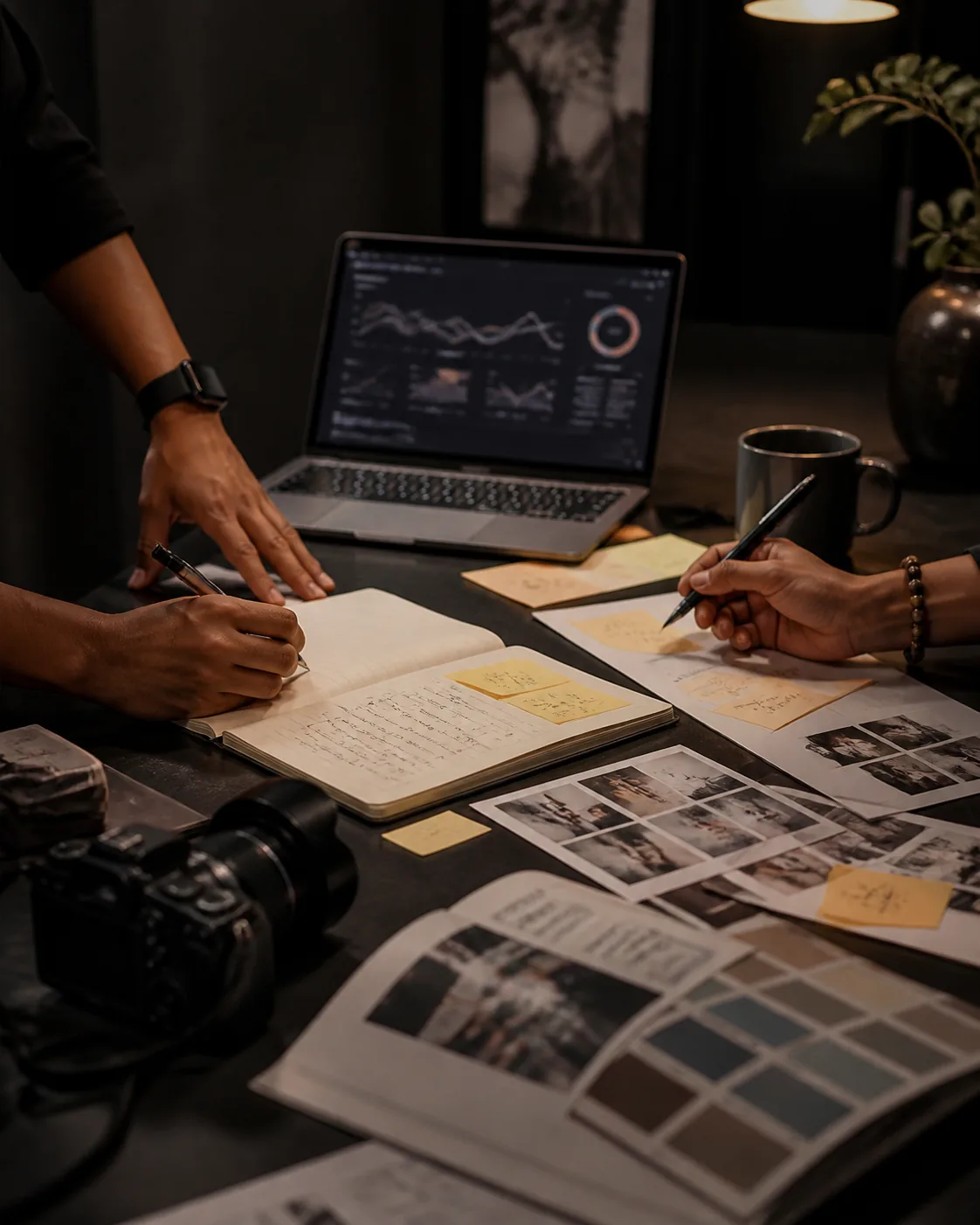 Marketing strategy session: campaign notes, a camera and a laptop