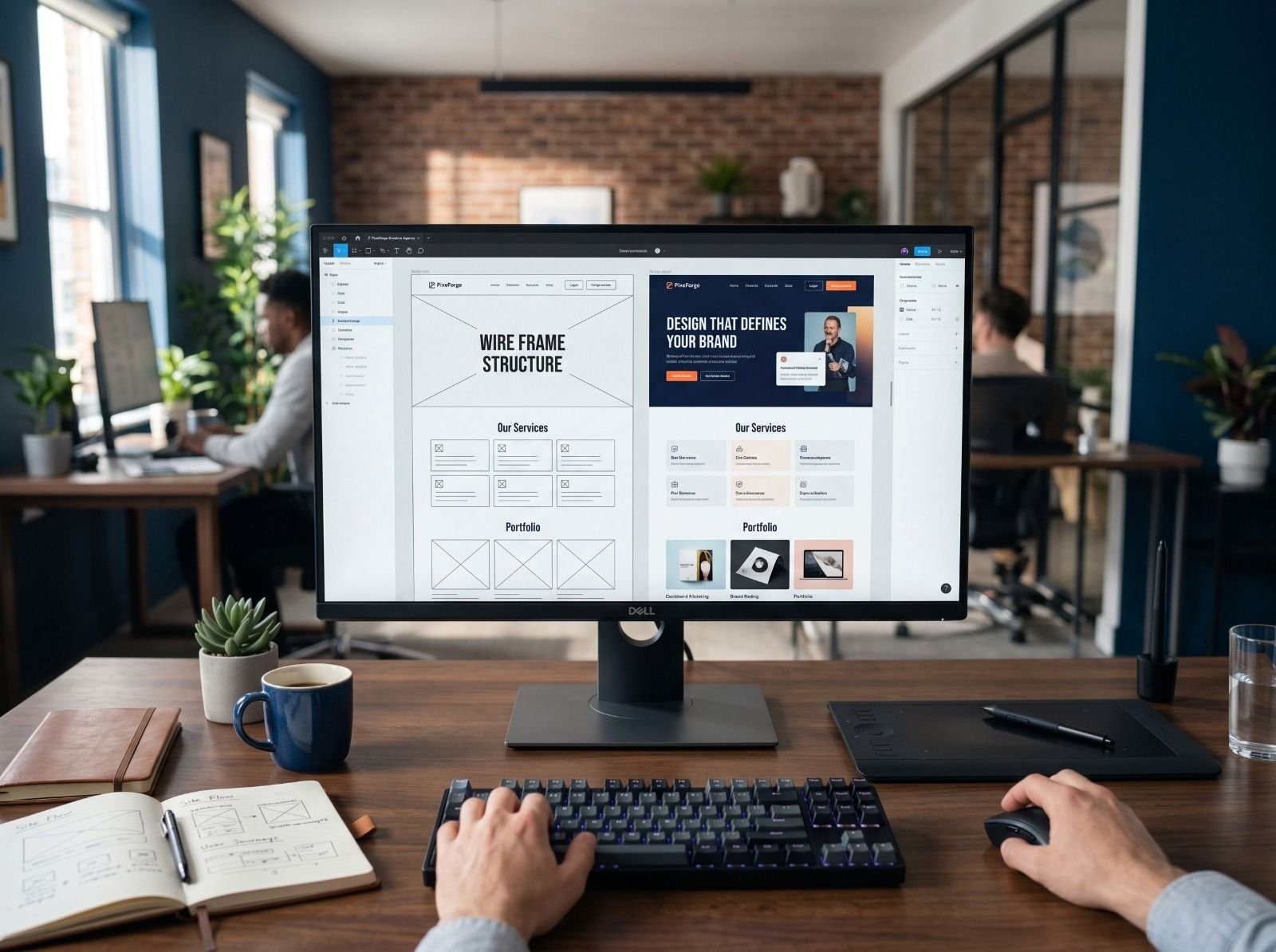 A website going from wireframe structure to a finished design