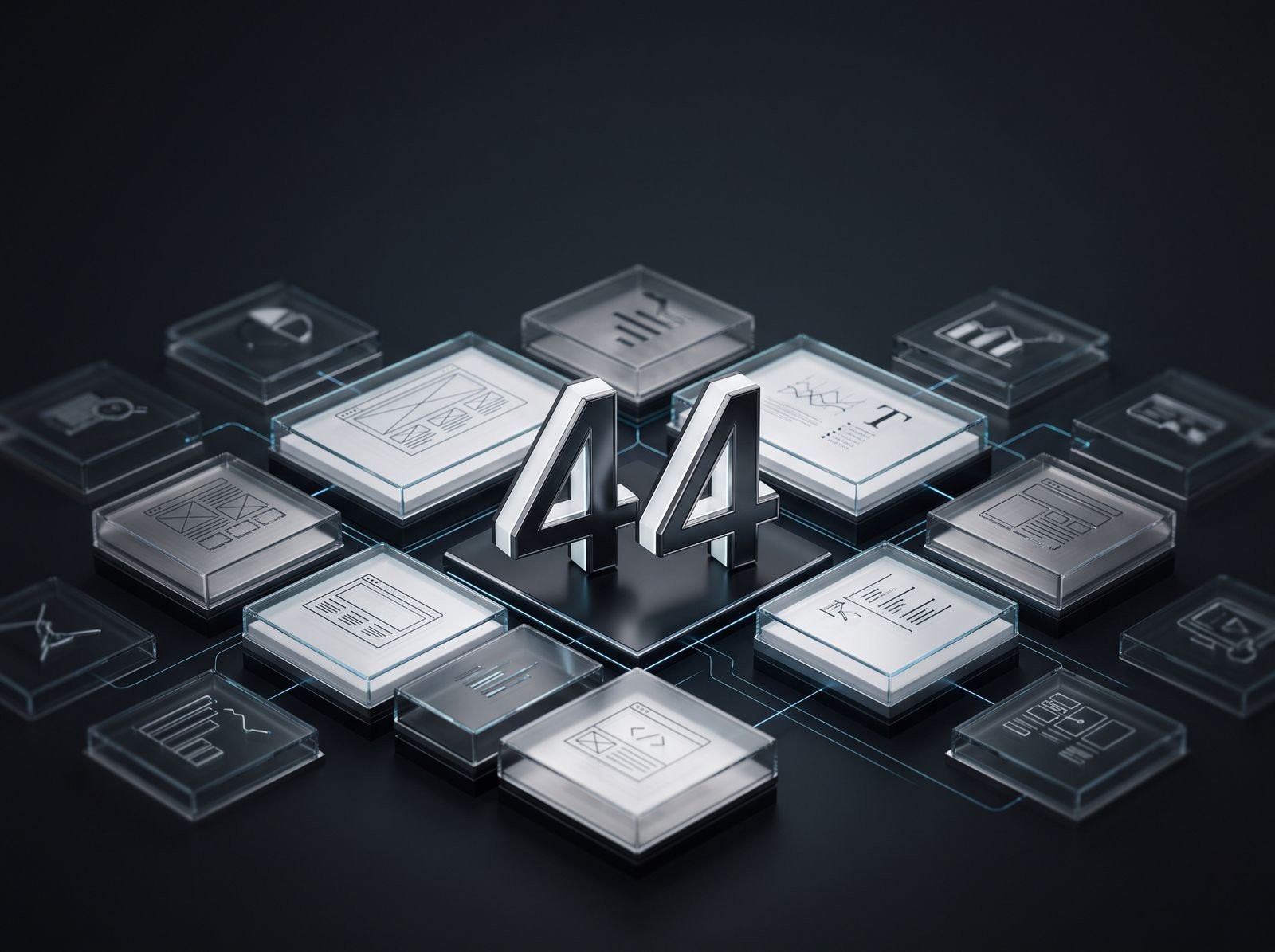The 44 modules of the Digihandler Academy digital marketing course, shown as connected panels