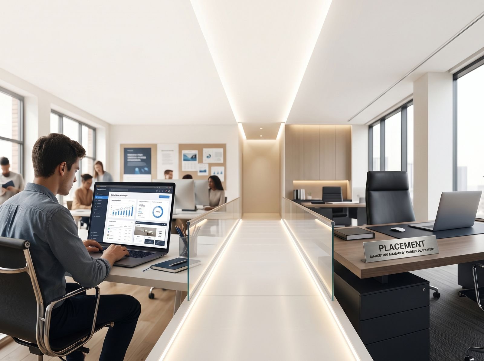 A digital marketing workplace with a career placement desk