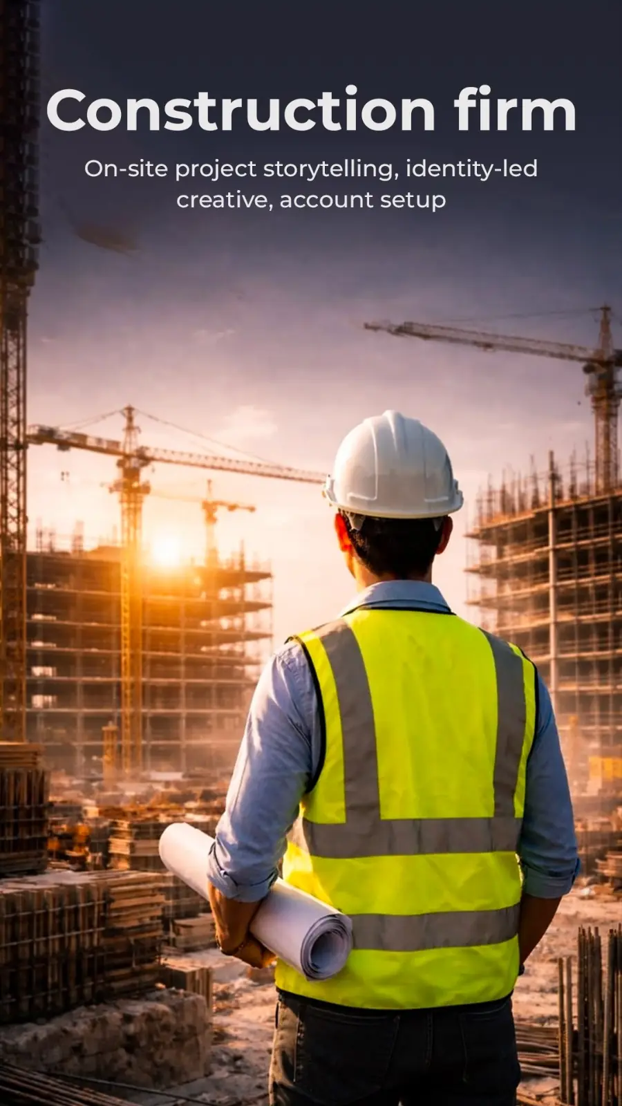 Construction firm: On-site project storytelling, identity-led creative, account setup