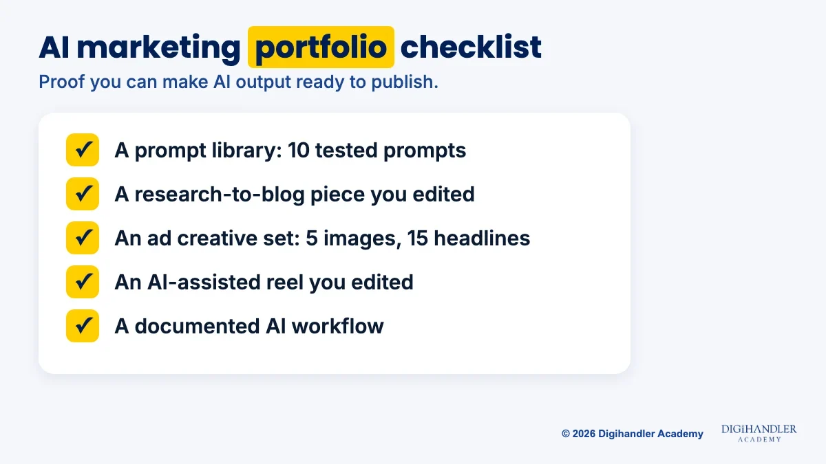 Checklist card listing five AI marketing portfolio projects: prompt library, blog piece, ad creatives, reel and documented workflow