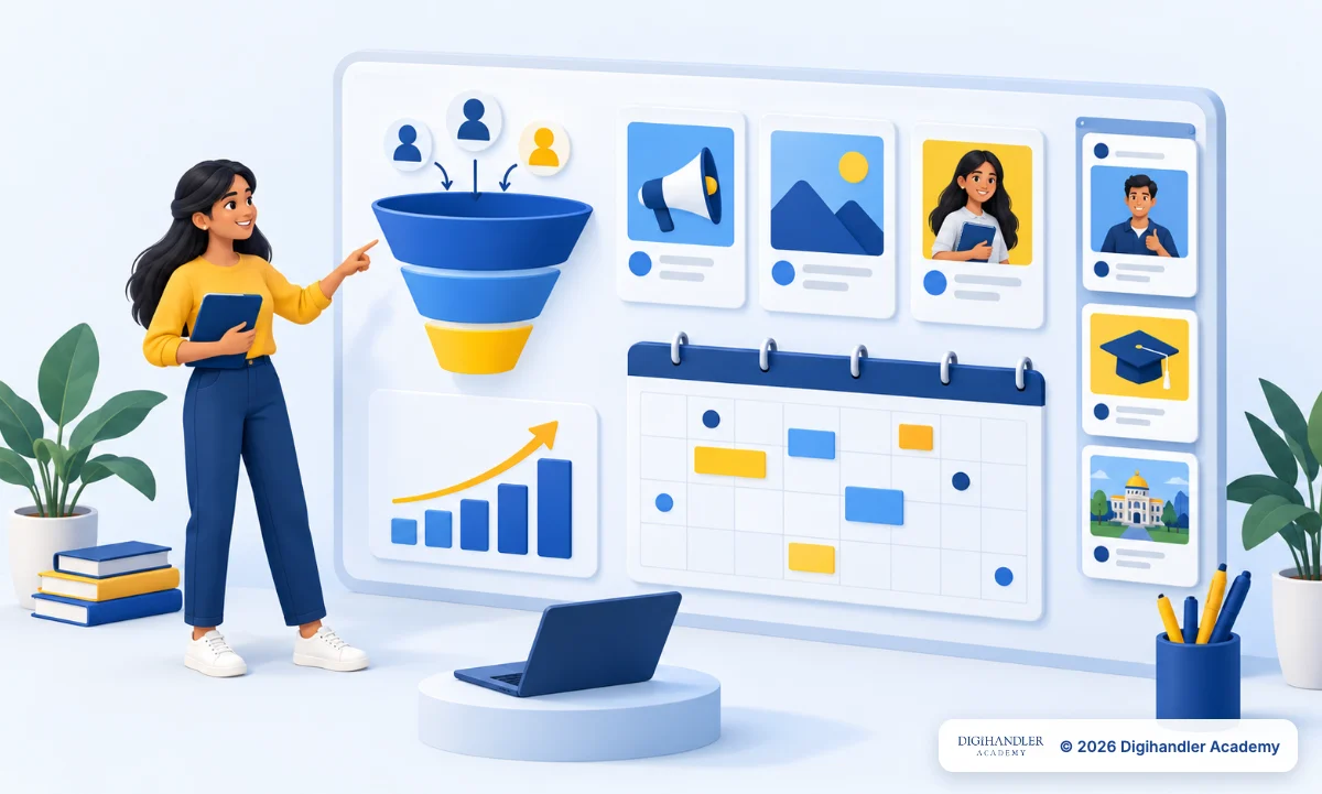 Marketing planning board for an education brand showing admission season campaigns, enquiry tracking and follow-up steps