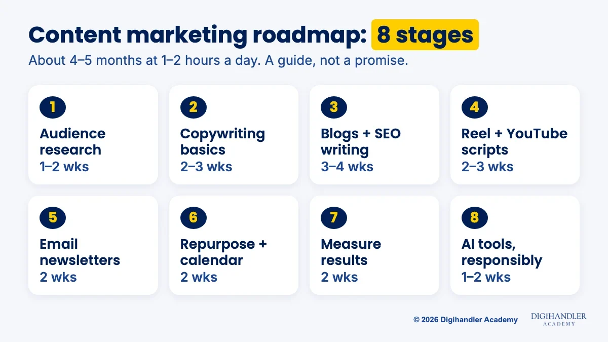 Eight-stage content marketing roadmap from audience research to AI tools, with weeks for each stage