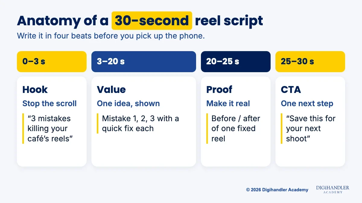 A 30-second reel script split into hook, value, proof and call-to-action beats with example lines