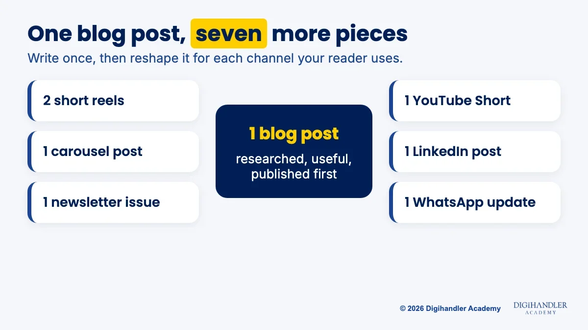 One blog post in the centre branching into reels, a carousel, a newsletter, a YouTube Short, a LinkedIn post and a WhatsApp update