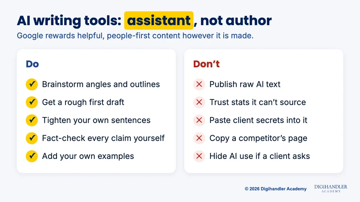 Do and don't list for AI writing tools: brainstorm and fact-check, but never publish raw AI text or paste client secrets