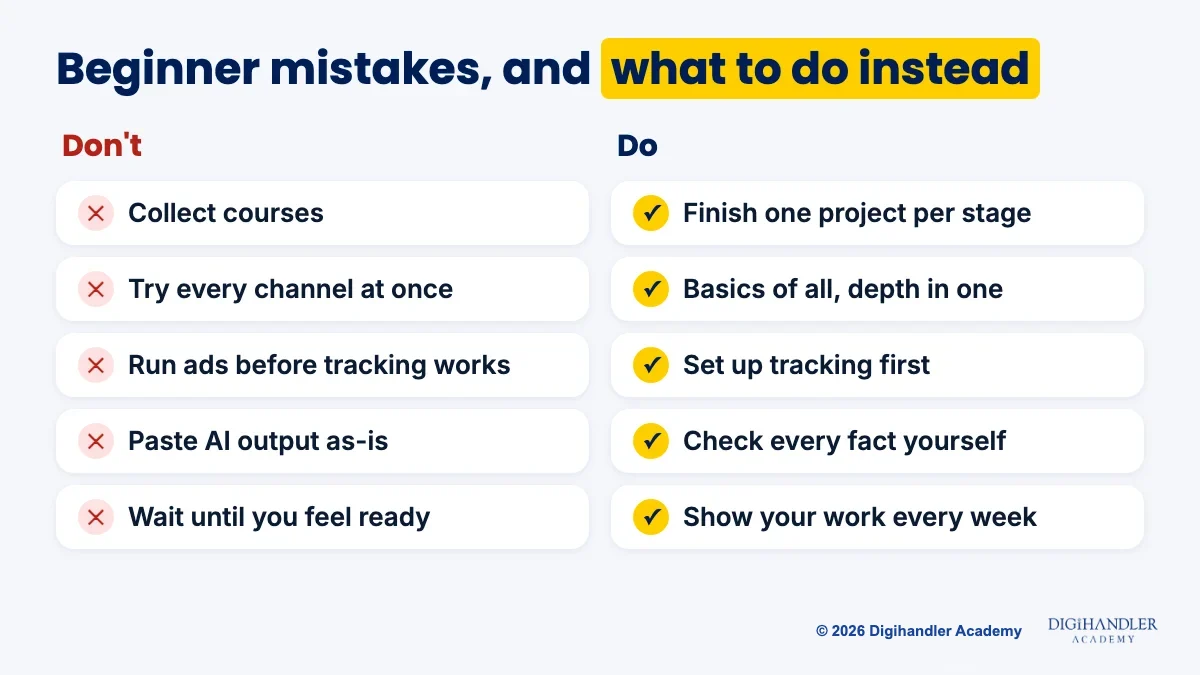 Two-column chart of beginner digital marketing mistakes on the left and what to do instead on the right