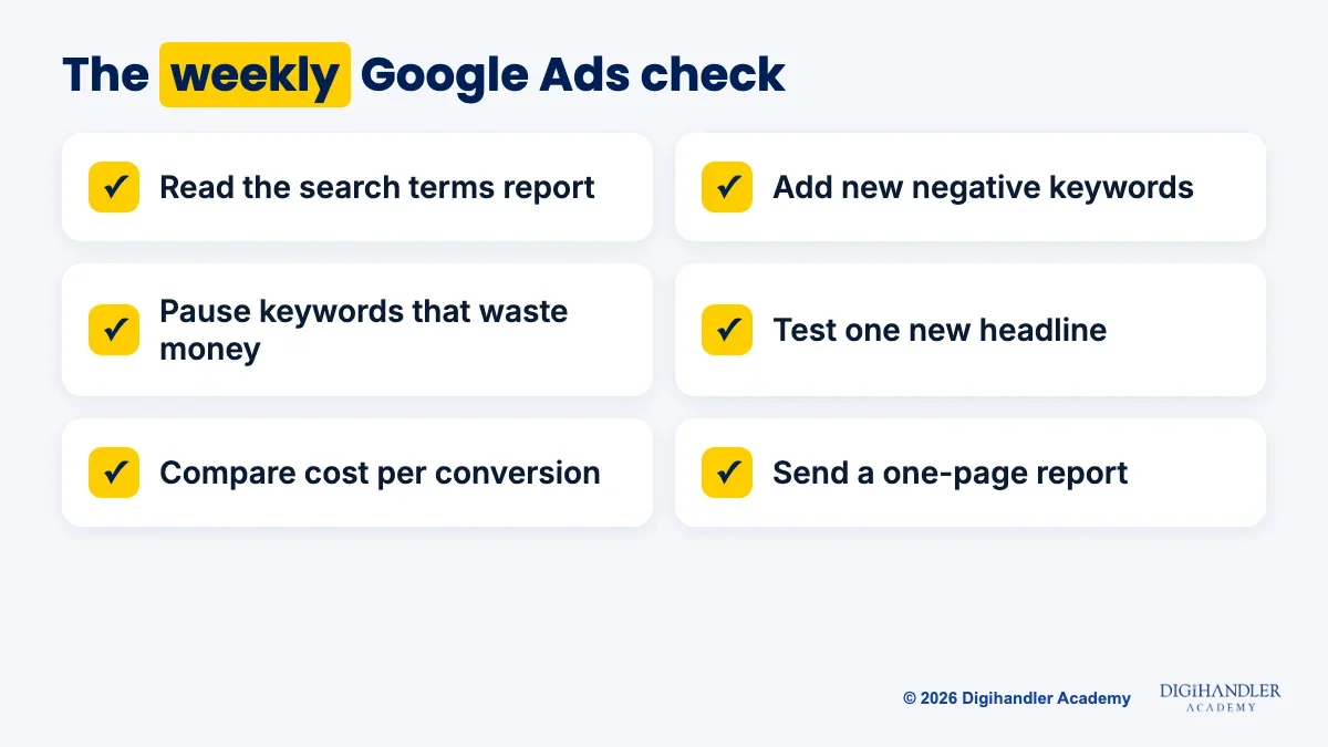 Weekly Google Ads optimisation checklist: search terms, negatives, pause wasters, test one headline, compare cost per conversion, send report