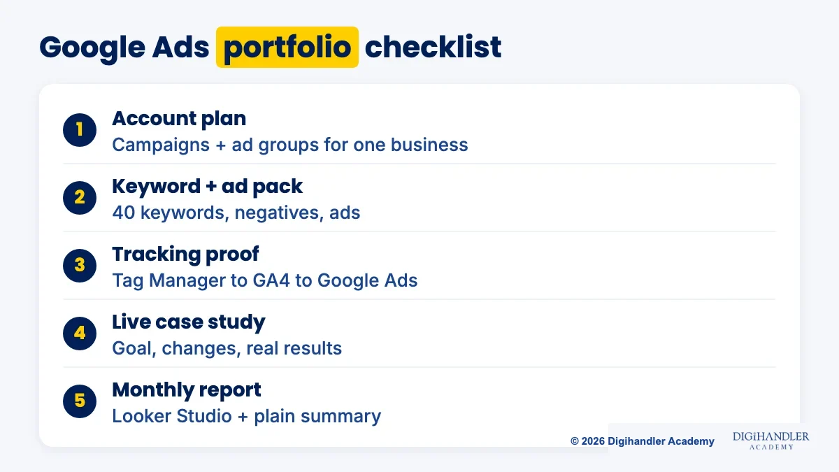 Checklist card of five Google Ads portfolio projects: account plan, keyword and ad copy pack, tracking proof, live case study, monthly report