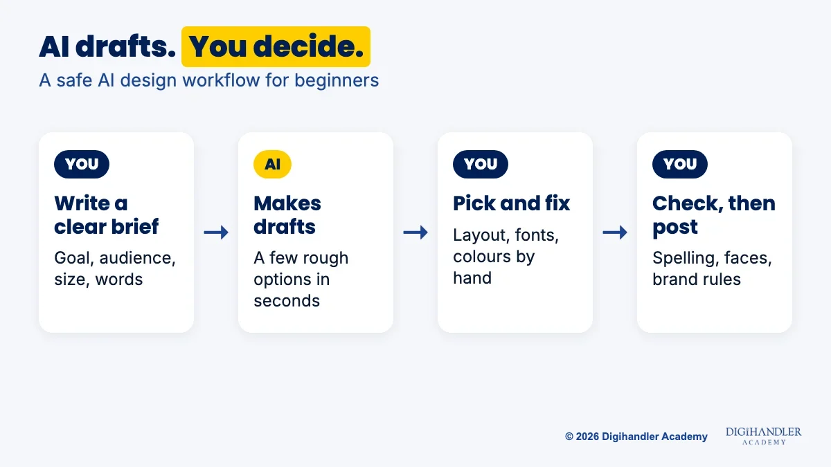 Four-step AI design workflow: you write the brief, AI makes drafts, you pick and fix layout, fonts and colours, then you check spelling and brand rules before posting