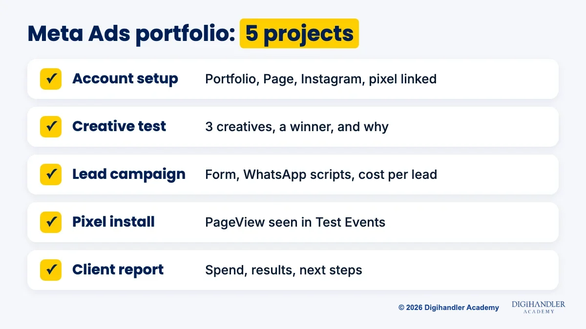 Checklist card of five Meta Ads portfolio projects from account setup to client report