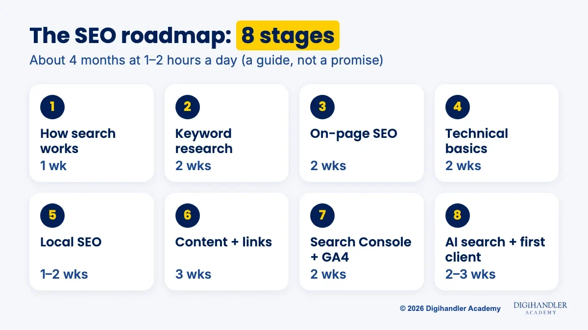 SEO roadmap strip showing eight stages from how search works to AI search and a first client project, with weeks for each