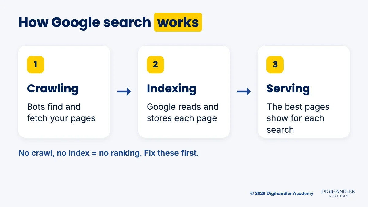 Flow diagram of how Google search works: crawling, then indexing, then serving results, with one line explaining each