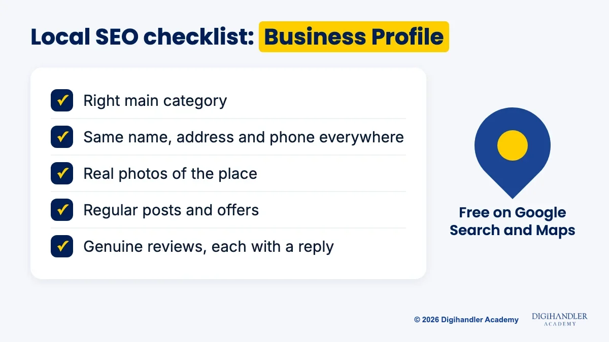 Local SEO checklist card for a Google Business Profile: correct main category, same name address and phone everywhere, real photos, regular posts, genuine reviews with replies