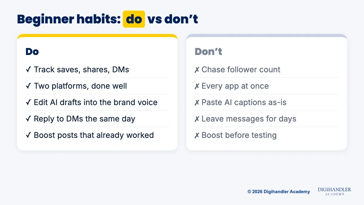 Do and don't comparison for beginner social media managers, covering metrics, platforms, captions, replies and boosting