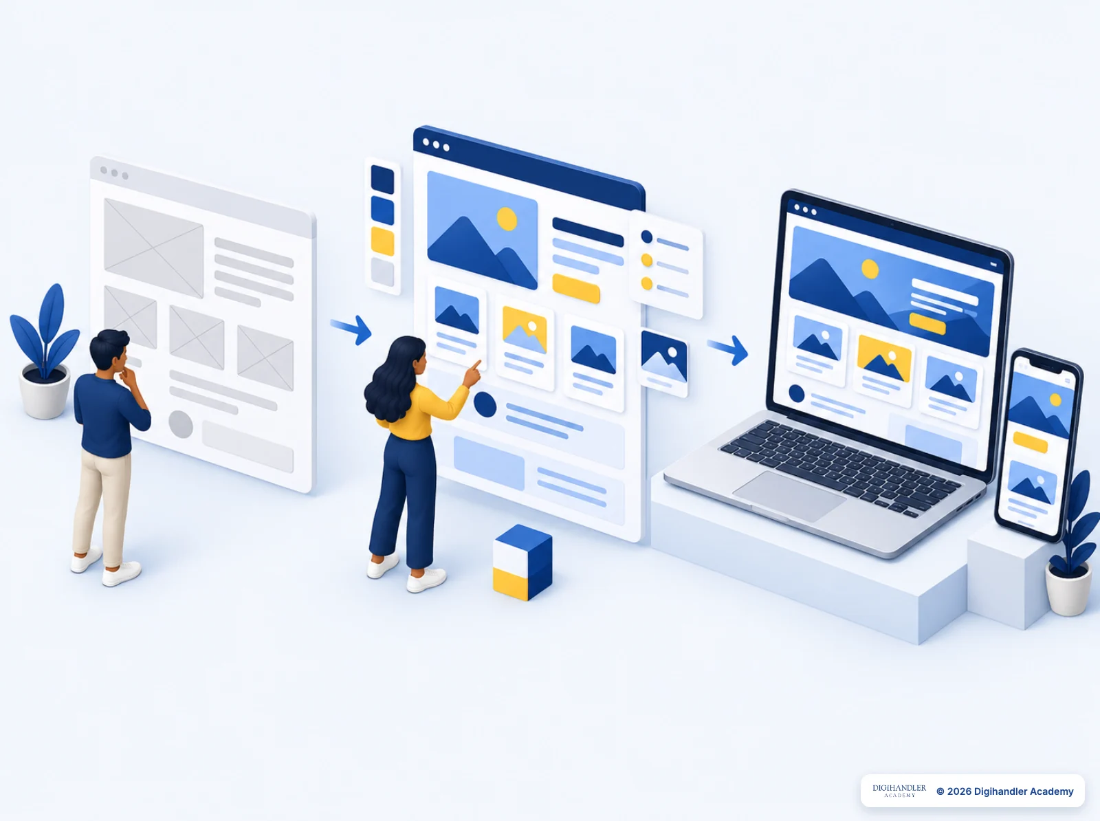 A website going from wireframe structure to a finished design