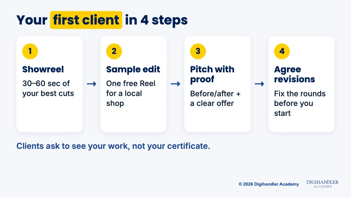 Four steps to a first video editing client: showreel, local business sample edit, pitch with proof, agreed revisions
