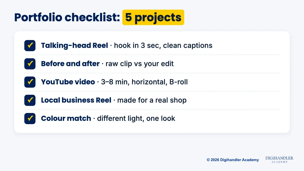 Checklist card of five video editing portfolio projects for beginners