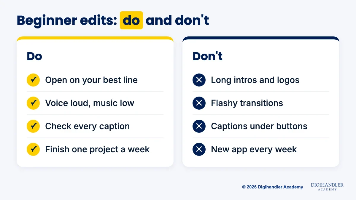 Do and don't comparison of beginner video editing habits for Reels and YouTube