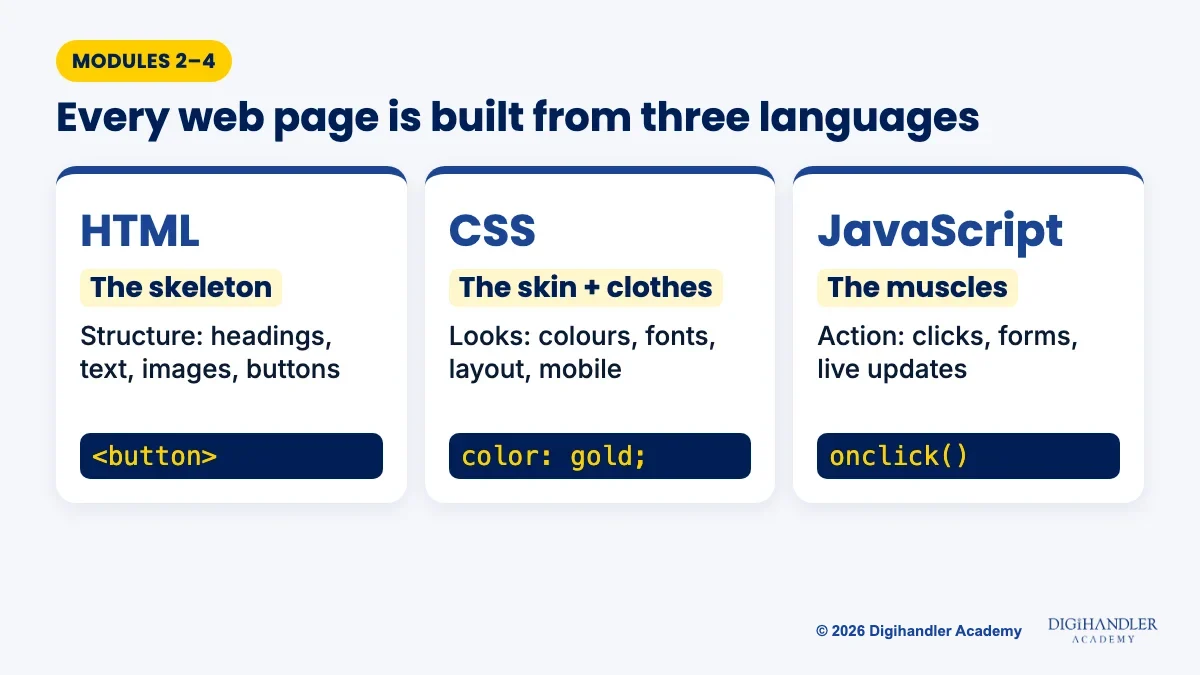HTML shown as the skeleton, CSS as the skin and JavaScript as the muscles of a web page, each with a one-line code example